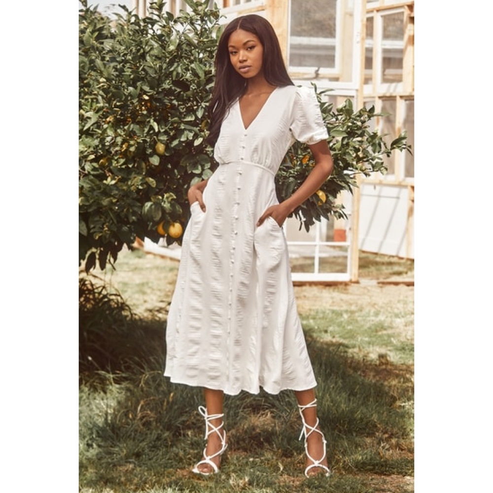 LULU’S Wonderful Whims White Puff Sleeve Button Front Midi Dress Size Medium